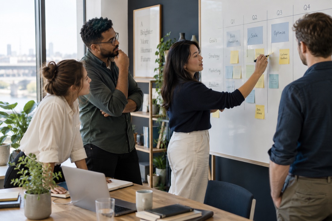 AI illustration: A team planning a focused project
